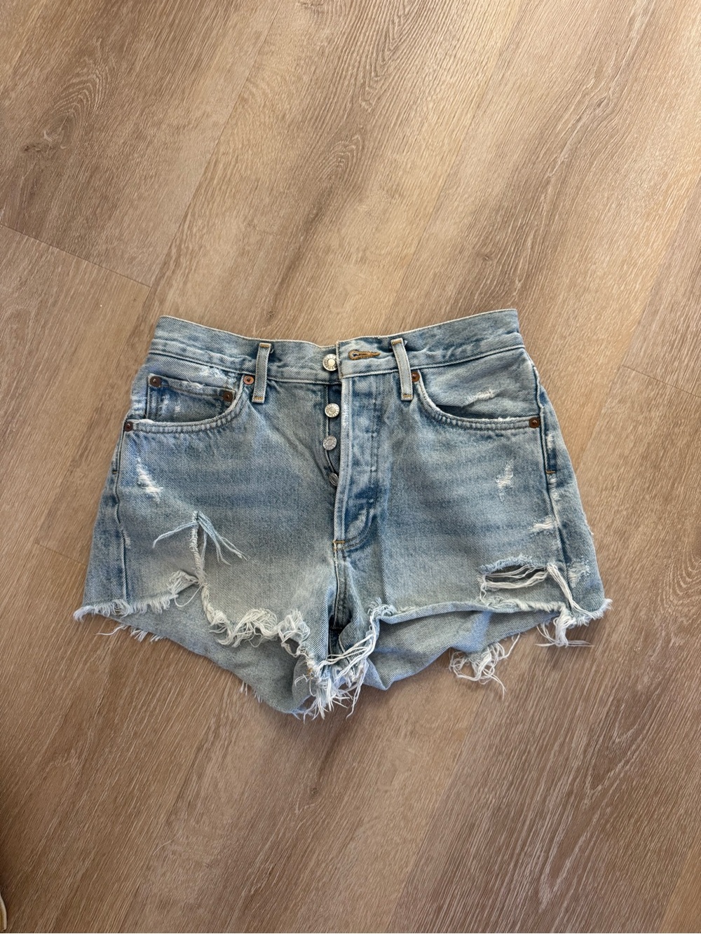 Agolde Light Blue Distressed High-Rise Denim Shorts